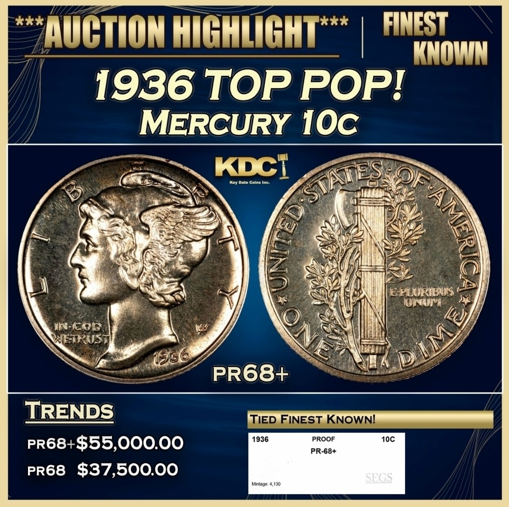 1936 Proof Mercury Dime TOP POP! 10c pr68+ SEGS (1 of 4)