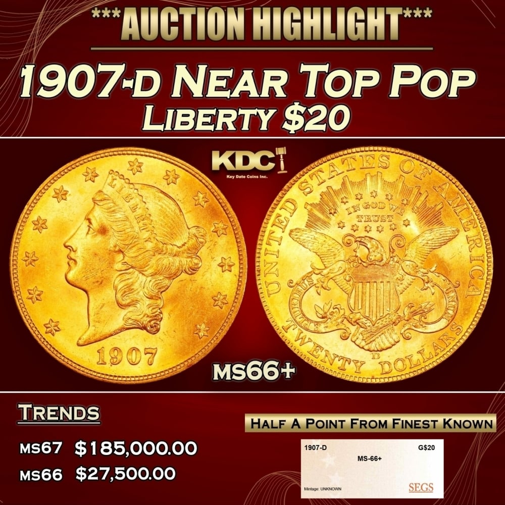 1907-d Gold Liberty Double Eagle Near Top Pop $20 ms66+ SEGS: 1907-d Near Top Pop Gold Liberty Double Eagle $20 ms66+ SEGS. 0