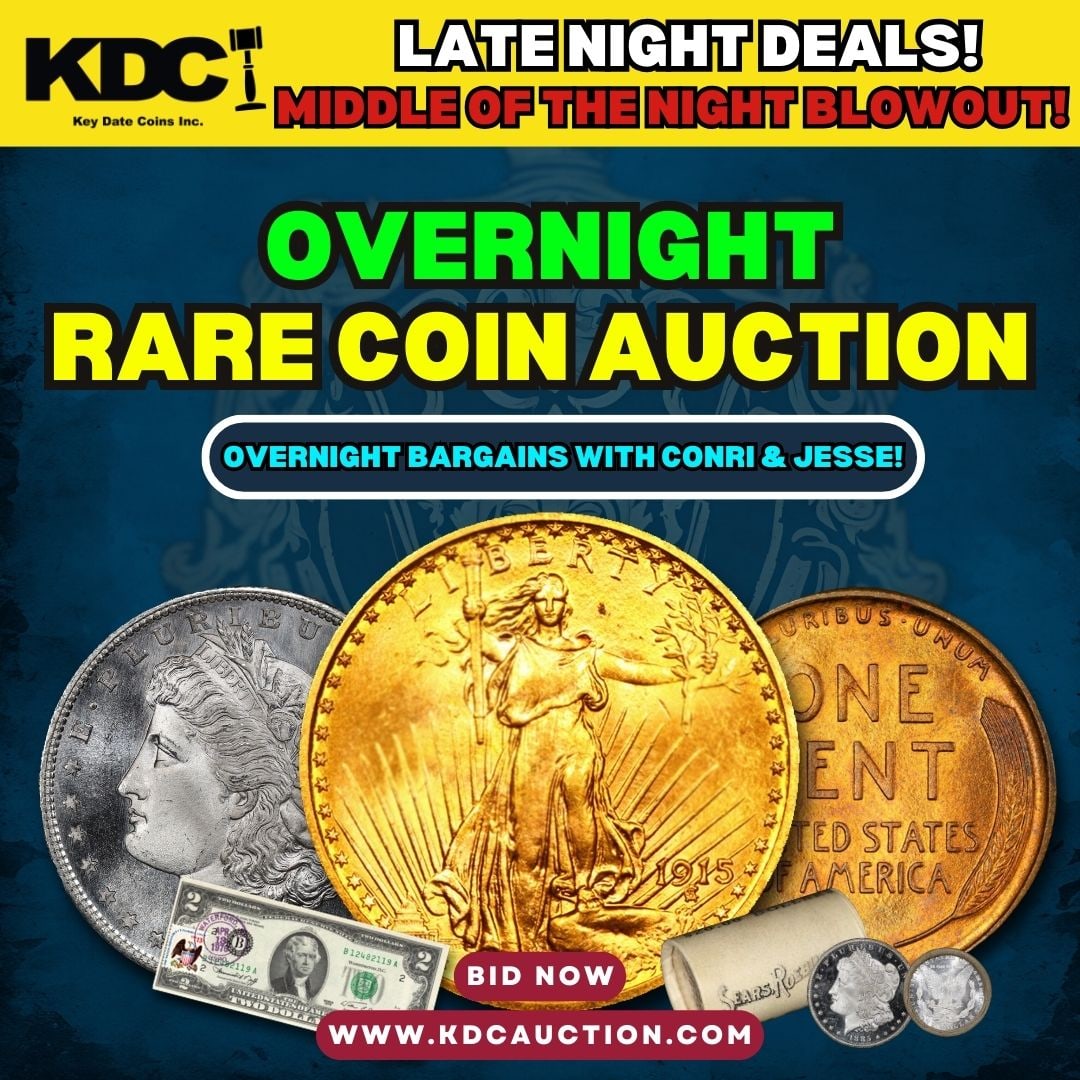 Cover: We are so excited to launch the newest collection of our Overnight Live online coin auction with Conri and Jesse! ALL NIGHT ENTERTAINMENT! 5 nights a week!This is an online coin auction featuring Gold