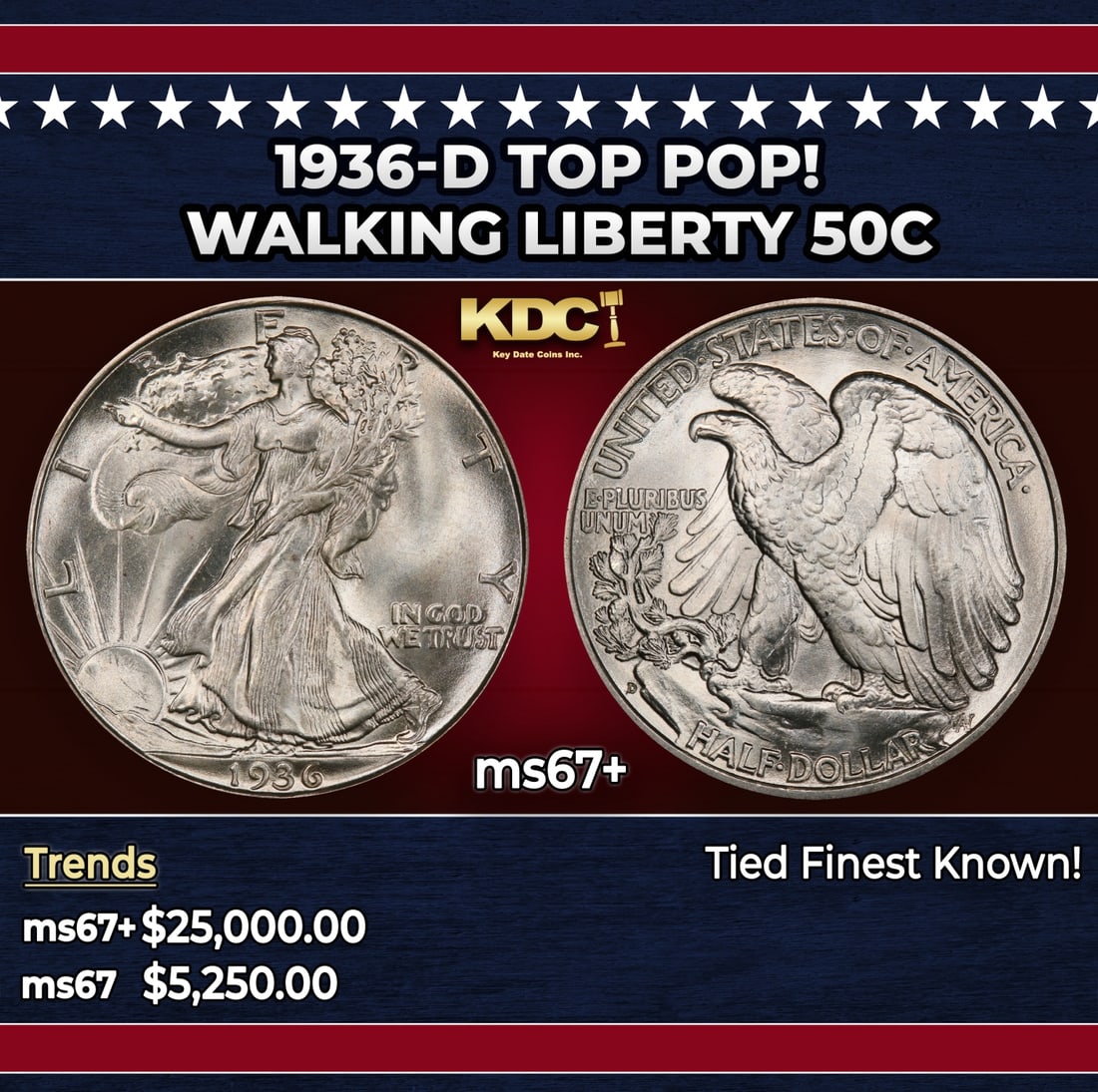 1936-d Walking Liberty Half Dollar TOP POP! 50c ms67+ SEGS: 1936-d TOP POP! Walking Liberty Half Dollar 50c ms67+ SEGS. Historic precious metal trends is causing increased spot pricing by the day. On auctions with set openings, we are doing our best to have it