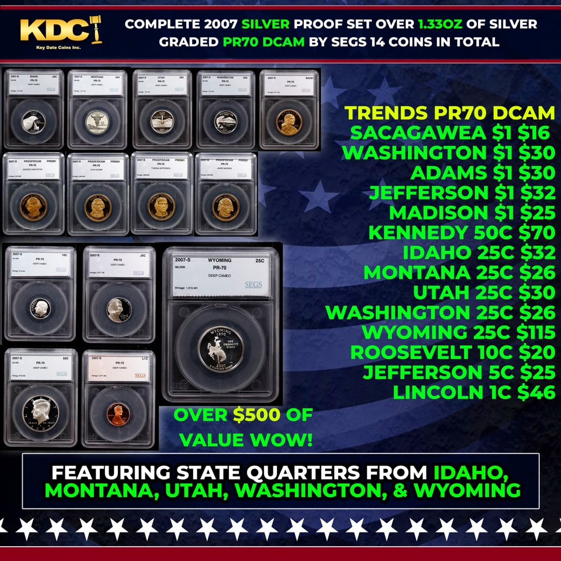 2007 US Silver Proof Set Graded pr70 DCAM By SEGS about 1.5 oz of pure silver 14 Coins: 2007 US Silver Proof Set Graded pr70 DCAM By SEGS about 1.5 oz of pure silver 14 Coins. Historic precious metal trends is causing increased spot pricing by the day. On auctions with set