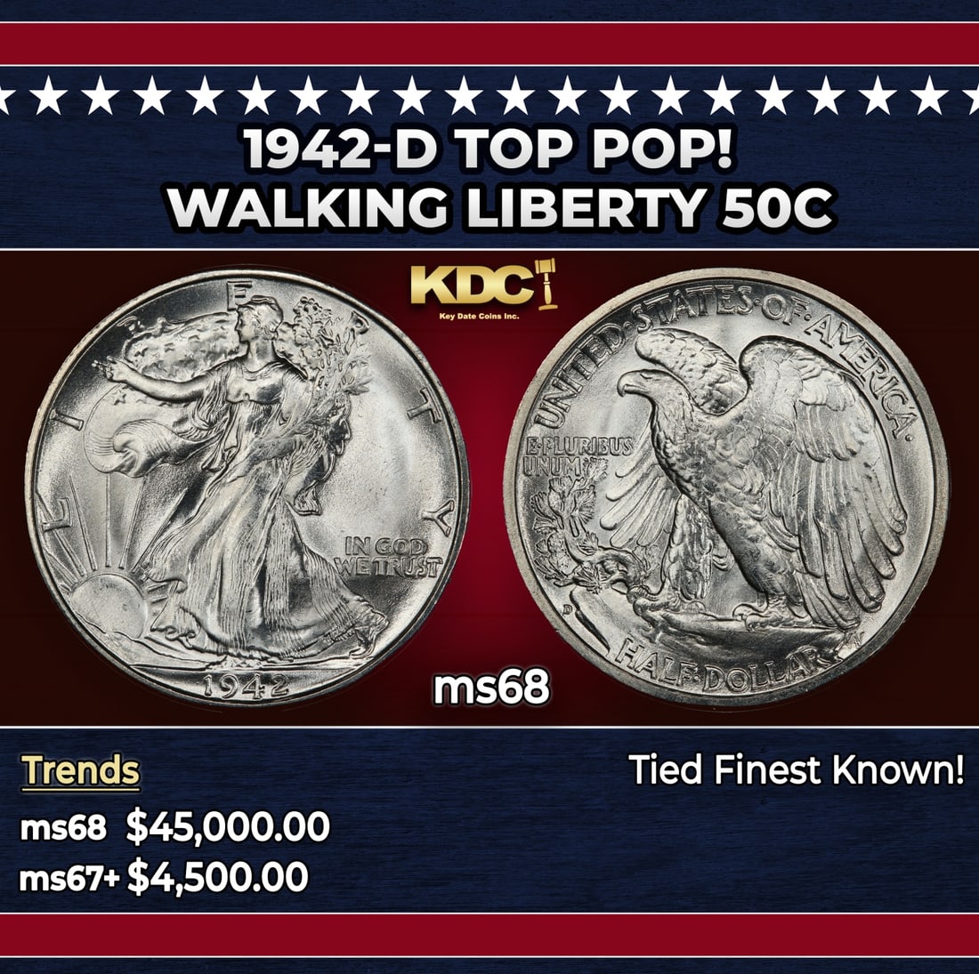 1942-d Walking Liberty Half Dollar TOP POP! 50c ms68 SEGS: 1942-d TOP POP! Walking Liberty Half Dollar 50c ms68 SEGS. Historic precious metal trends is causing increased spot pricing by the day. On auctions with set openings, we are doing our best to have ite
