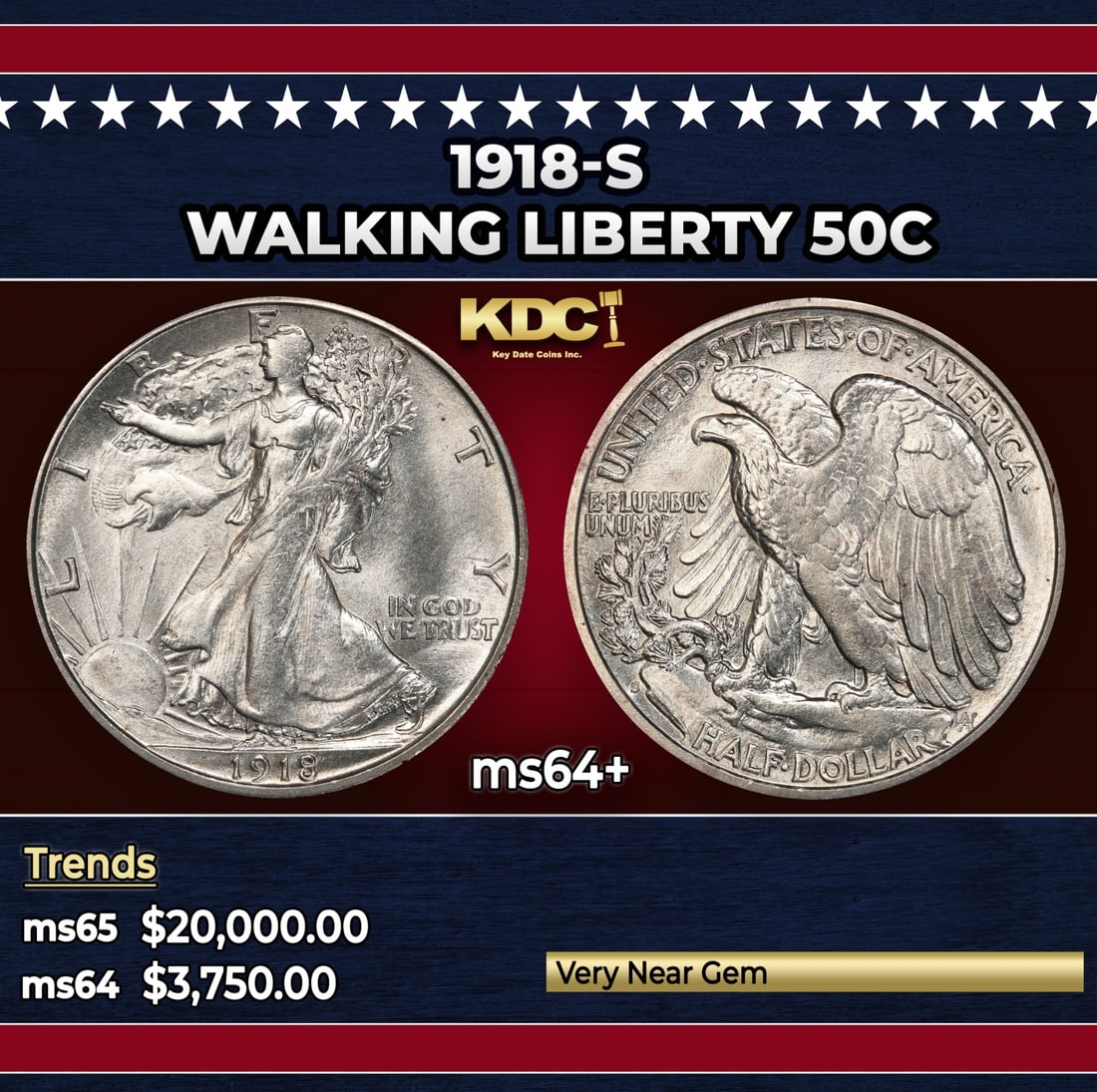 1918-s Walking Liberty Half Dollar 50c ms64+ SEGS: 1918-s Walking Liberty Half Dollar 50c ms64+ SEGS. Historic precious metal trends is causing increased spot pricing by the day. On auctions with set openings, we are doing our best to have items price