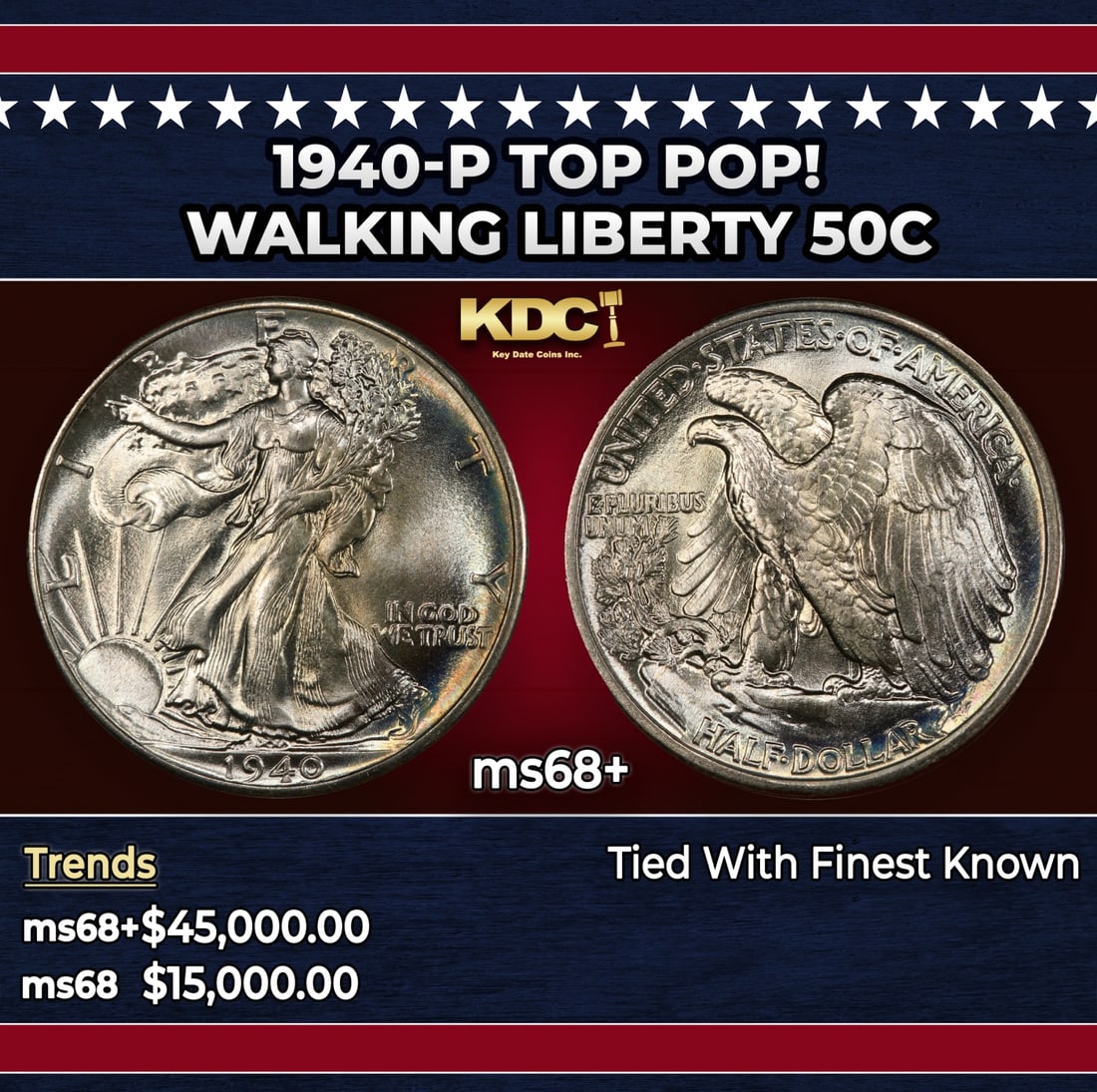 1940-p Walking Liberty Half Dollar TOP POP! 50c ms68+ SEGS: 1940-p TOP POP! Walking Liberty Half Dollar 50c ms68+ SEGS. Historic precious metal trends is causing increased spot pricing by the day. On auctions with set openings, we are doing our best to have it
