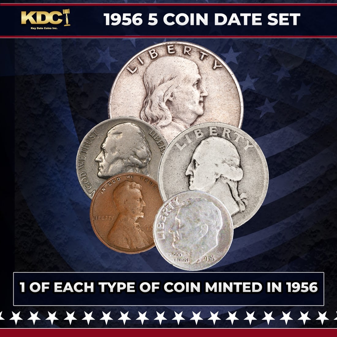 1956 5 Coin Date Set, 1 Of Each Type Of Coin Minted in 1956: 1956 5 Coin Date Set, 1 Of Each Type Of Coin Minted in 1956. Please Note All Backer Cards may have slight differences but will be very similar if not identical to the one in the photoHistoric