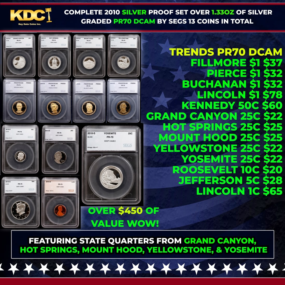 2010 US Silver Proof Set Graded pr70 DCAM By SEGS about 1.5 oz of pure silver 13 Coins: 2010 US Silver Proof Set Graded pr70 DCAM By SEGS about 1.5 oz of pure silver 13 Coins. Historic precious metal trends is causing increased spot pricing by the day. On auctions with set openings, we a
