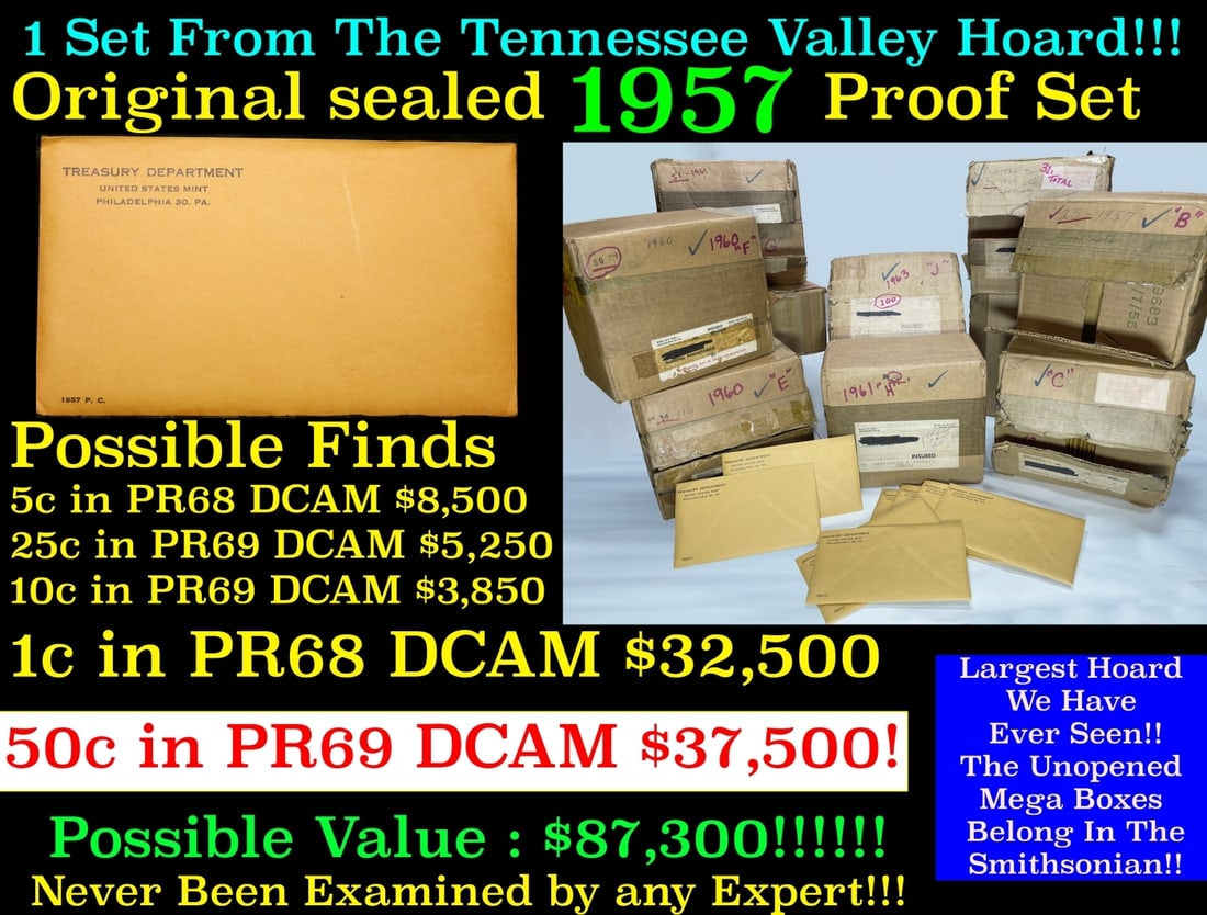 Original sealed 1957 United States Mint Proof Set Tennessee Valley Hoard: Original sealed 1957 United States Mint Proof Set Tennessee Valley Hoard. Once in a lifetime collection We are proud to bring to auction the greatest proof collection of the late 1950s and early 1960s