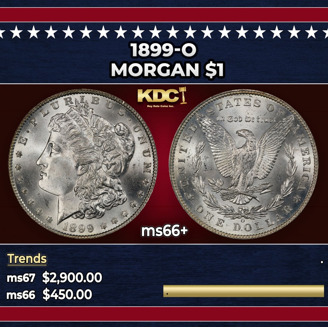 1899-o Morgan Dollar $1 ms66+ SEGS: 1899-o Morgan Dollar $1 ms66+ SEGS. Historic precious metal trends is causing increased spot pricing by the day. On auctions with set openings, we are doing our best to have items priced at their mark