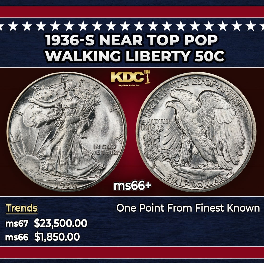 1936-s Walking Liberty Half Dollar Near Top Pop 50c ms66+ SEGS: 1936-s Near Top Pop Walking Liberty Half Dollar 50c ms66+ SEGS. Historic precious metal trends is causing increased spot pricing by the day. On auctions with set openings, we are doing our best to hav