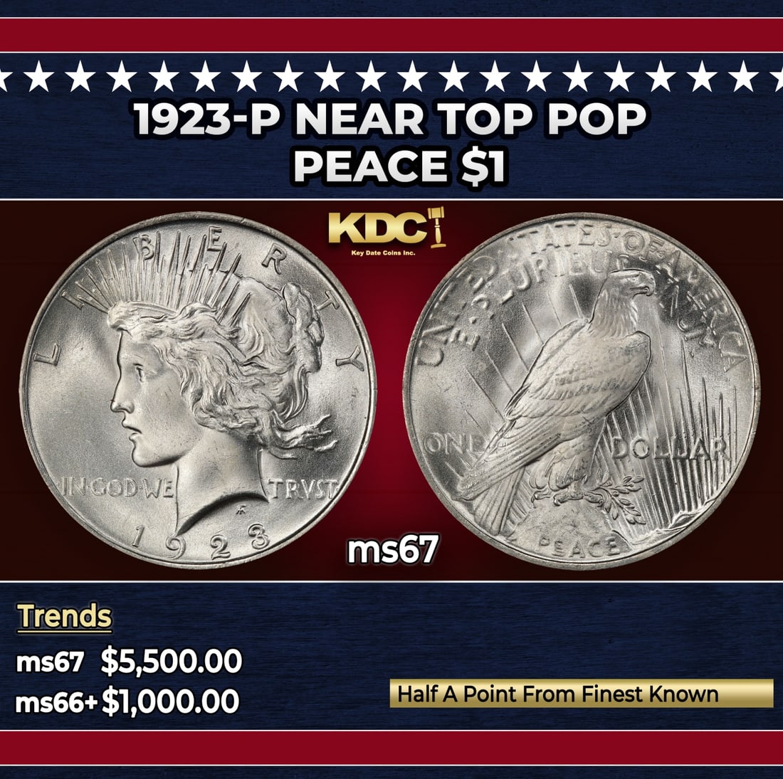 1923-p Peace Dollar Near Top Pop $1 ms67 SEGS: 1923-p Near Top Pop Peace Dollar $1 ms67 SEGS. Historic precious metal trends is causing increased spot pricing by the day. On auctions with set openings, we are doing our best to have items priced at