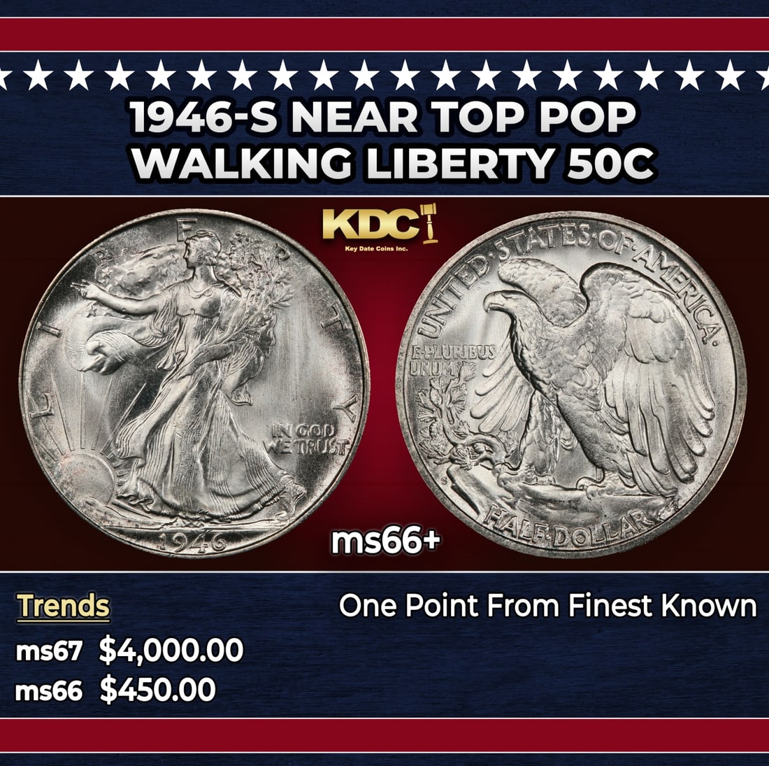1946-s Walking Liberty Half Dollar Near Top Pop 50c ms66+ SEGS: 1946-s Near Top Pop Walking Liberty Half Dollar 50c ms66+ SEGS. Historic precious metal trends is causing increased spot pricing by the day. On auctions with set openings, we are doing our best to hav