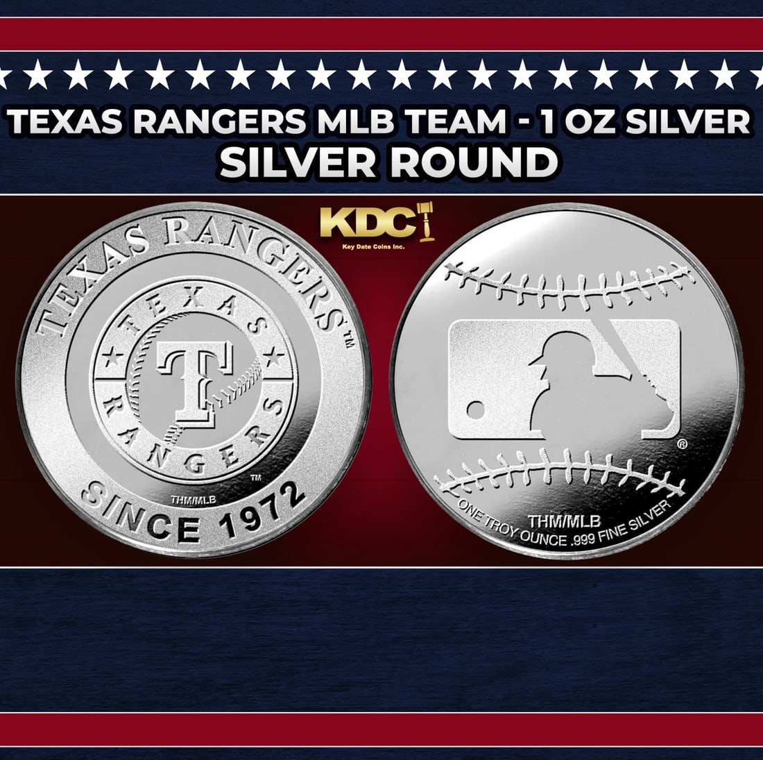 Texas Rangers MLB Team - 1 oz Silver Round Round: Texas Rangers MLB Team - 1 oz Silver Round. Add your favorite MLB teams to your silver collection with these official 1oz MLB team rounds! Obverse: Texas Rangers logo. Reverse: Baseball stitching and