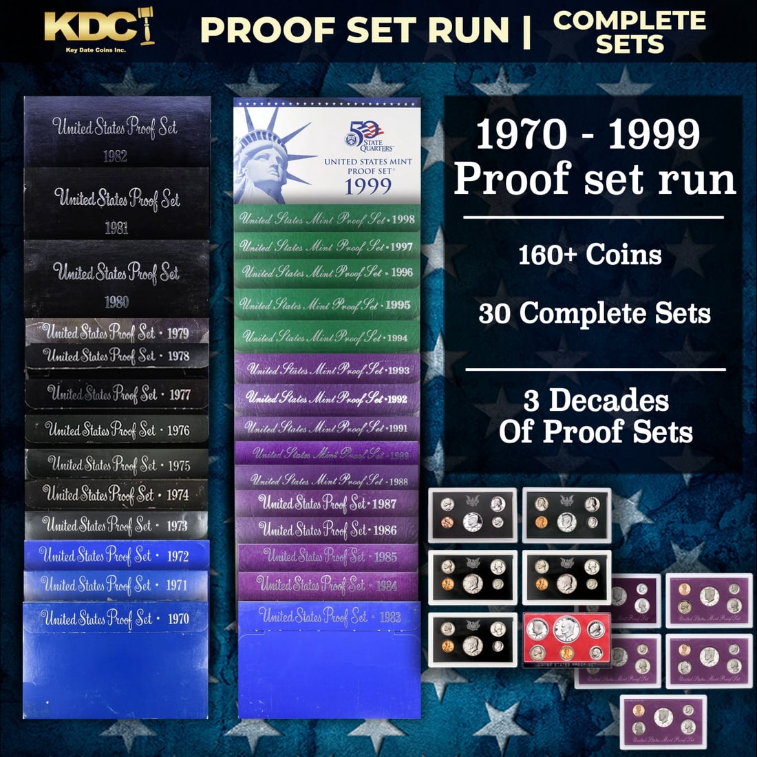 1970-1999 Proof Set Run 164 Coins 30 Complete Sets: 1970-1999 Proof Set Run 164 Coins 30 Complete Sets. Historic precious metal trends is causing increased spot pricing by the day. On auctions with set openings, we are doing our best to have items pric