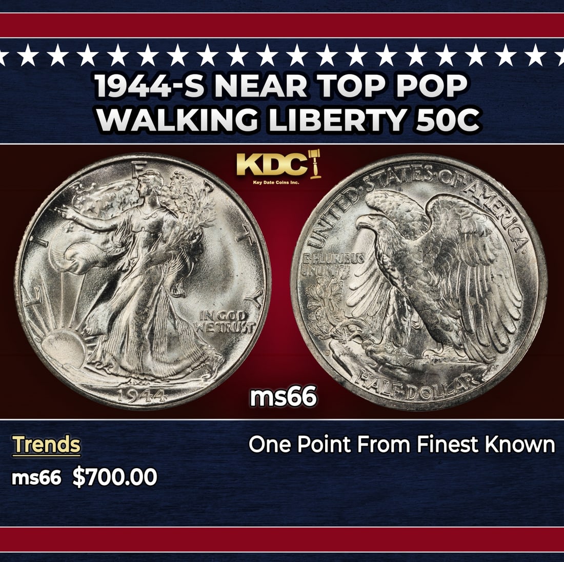 1944-s Walking Liberty Half Dollar Near Top Pop 50c Grades ms66: 1944-s Near Top Pop Walking Liberty Half Dollar 50c Grades ms66. Historic precious metal trends is causing increased spot pricing by the day. On auctions with set openings, we are doing our
