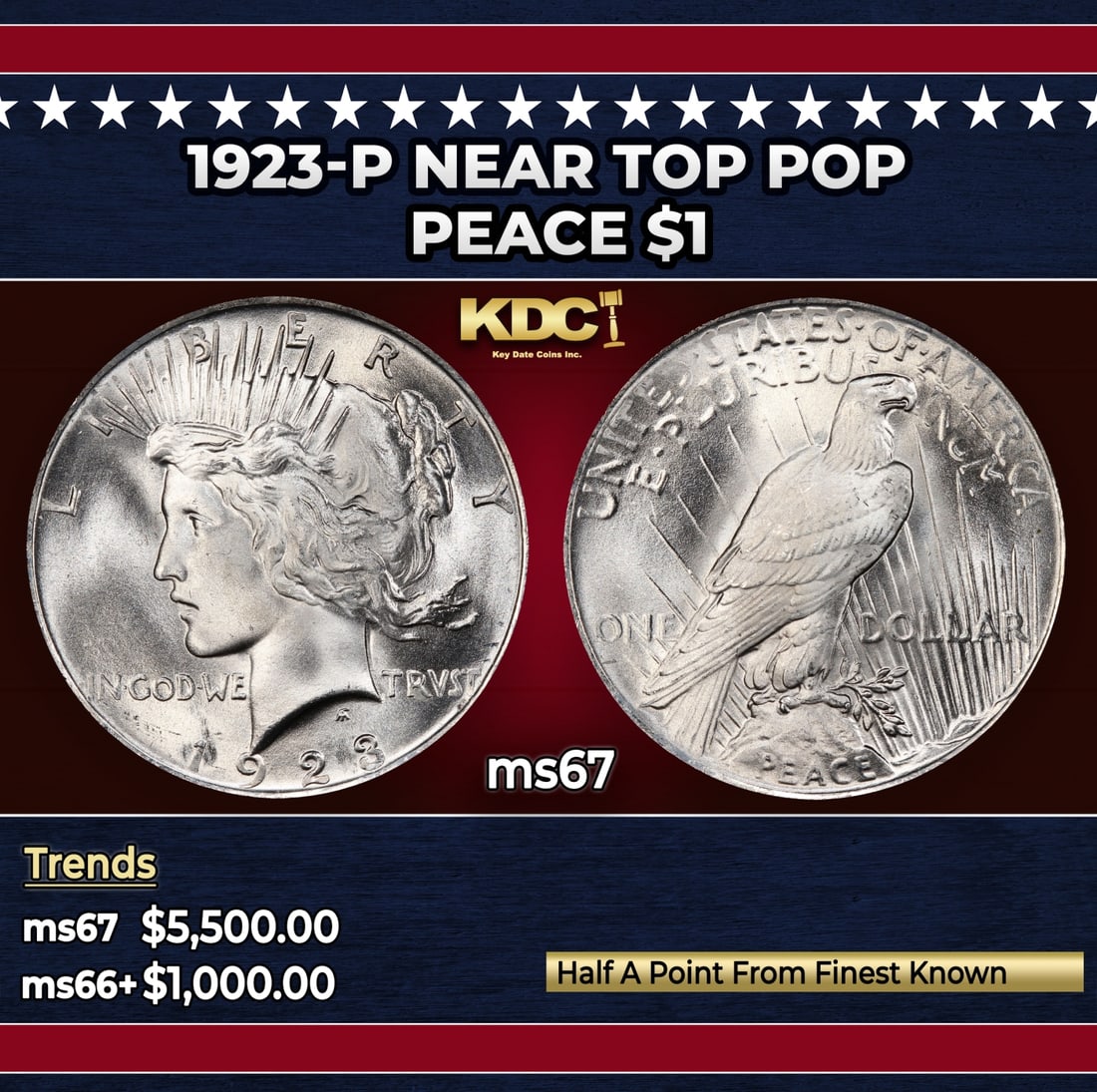 1923-p Peace Dollar Near Top Pop $1 ms67 SEGS: 1923-p Near Top Pop Peace Dollar $1 ms67 SEGS. Historic precious metal trends is causing increased spot pricing by the day. On auctions with set openings, we are doing our best to have items