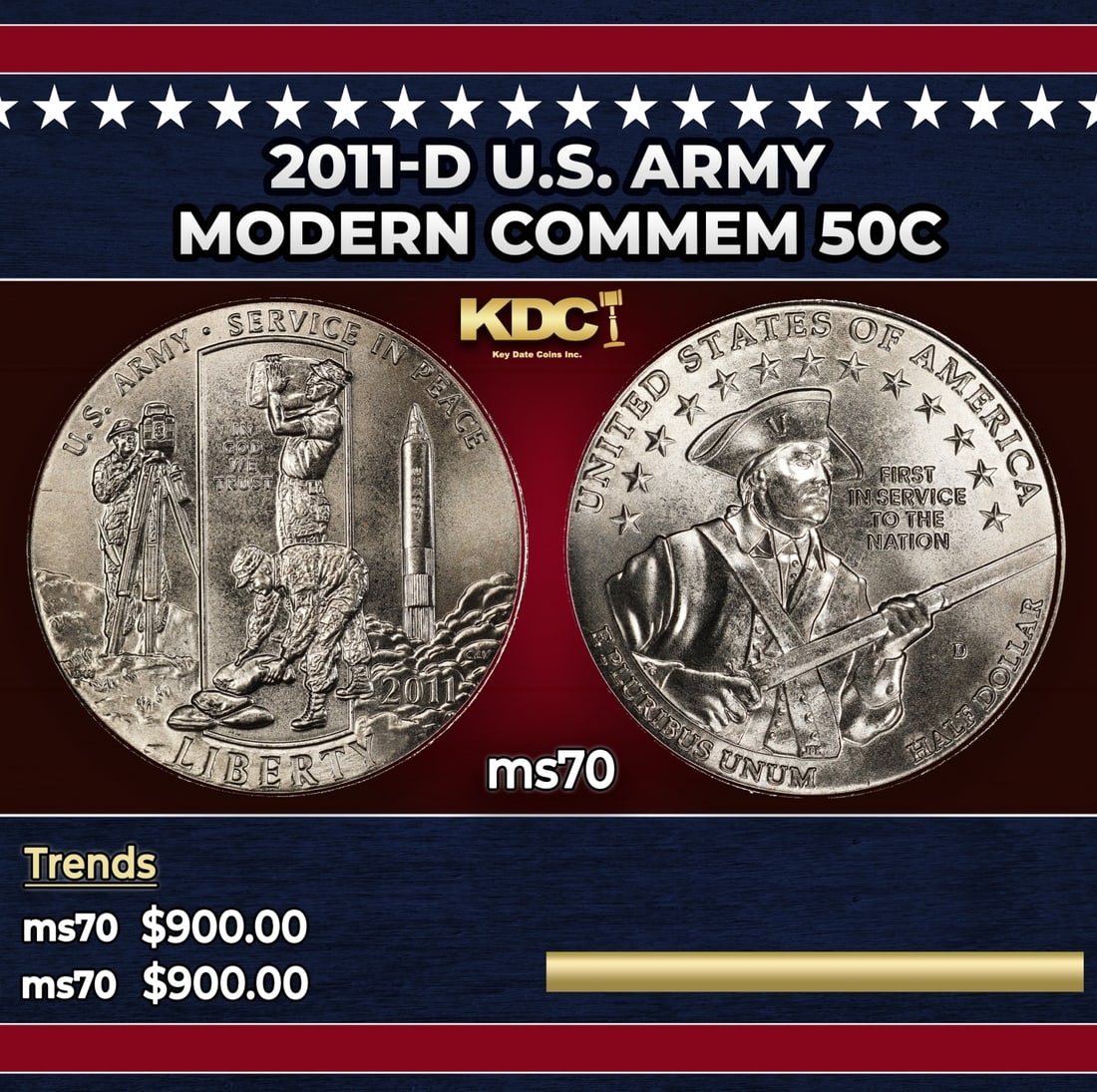 2011-d U.S. Army Modern Commem Half Dollar 50c ms70 SEGS: 2011-d U.S. Army Modern Commem Half Dollar 50c ms70 SEGS. Historic precious metal trends is causing increased spot pricing by the day. On auctions with set openings, we are doing our best to have item