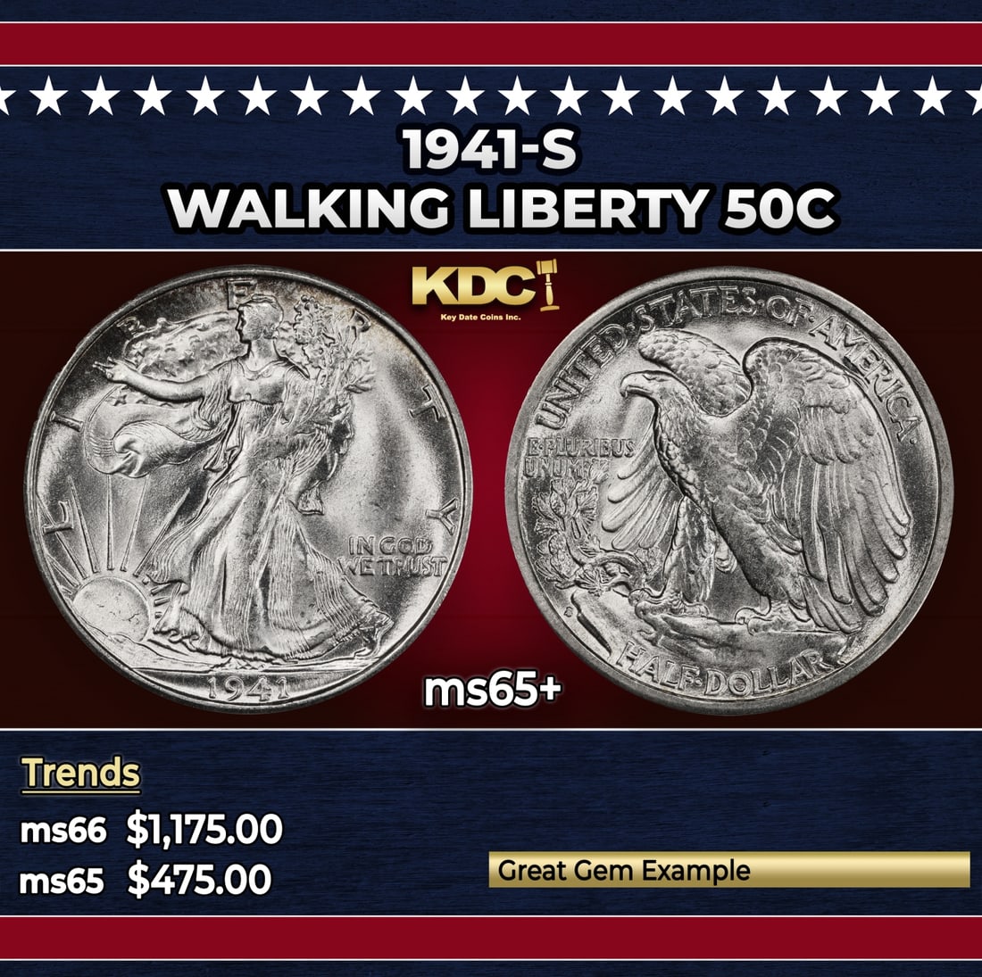 1941-s Walking Liberty Half Dollar 50c Grades ms65+: 1941-s Walking Liberty Half Dollar 50c Grades ms65+. Historic precious metal trends is causing increased spot pricing by the day. On auctions with set openings, we are doing our best to have items pri