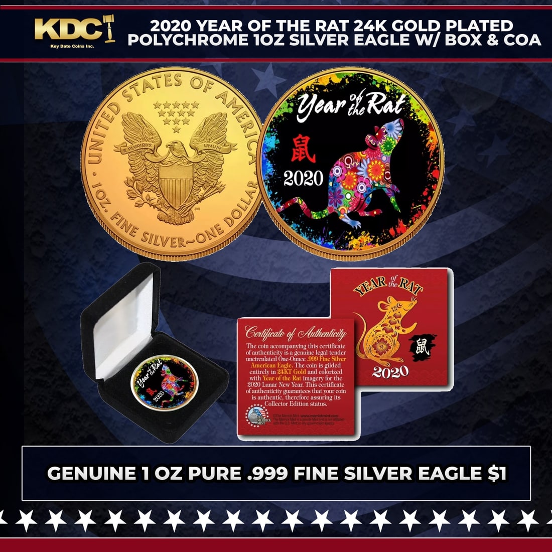 2020 Year of The Rat 24K Gold Plated Polychrome 1oz Silver Eagle w/ Box & COA Other Toy: 2020 Year of The Rat 24K Gold Plated Polychrome 1oz Silver Eagle w/ Box & COA. This is your chance to own a .999 Fine Silver Eagle $1 coin, beautifully enhanced with Polychromatic artwork from the Chi