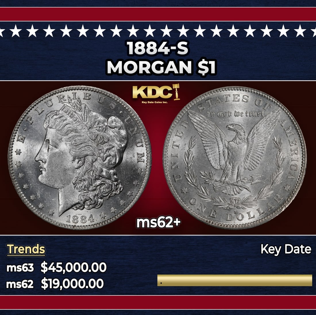 1884-s Morgan Dollar $1 ms62+ USCG: 1884-s Morgan Dollar $1 ms62+ USCG. Historic precious metal trends is causing increased spot pricing by the day. On auctions with set openings, we are doing our best to have items priced at their mark