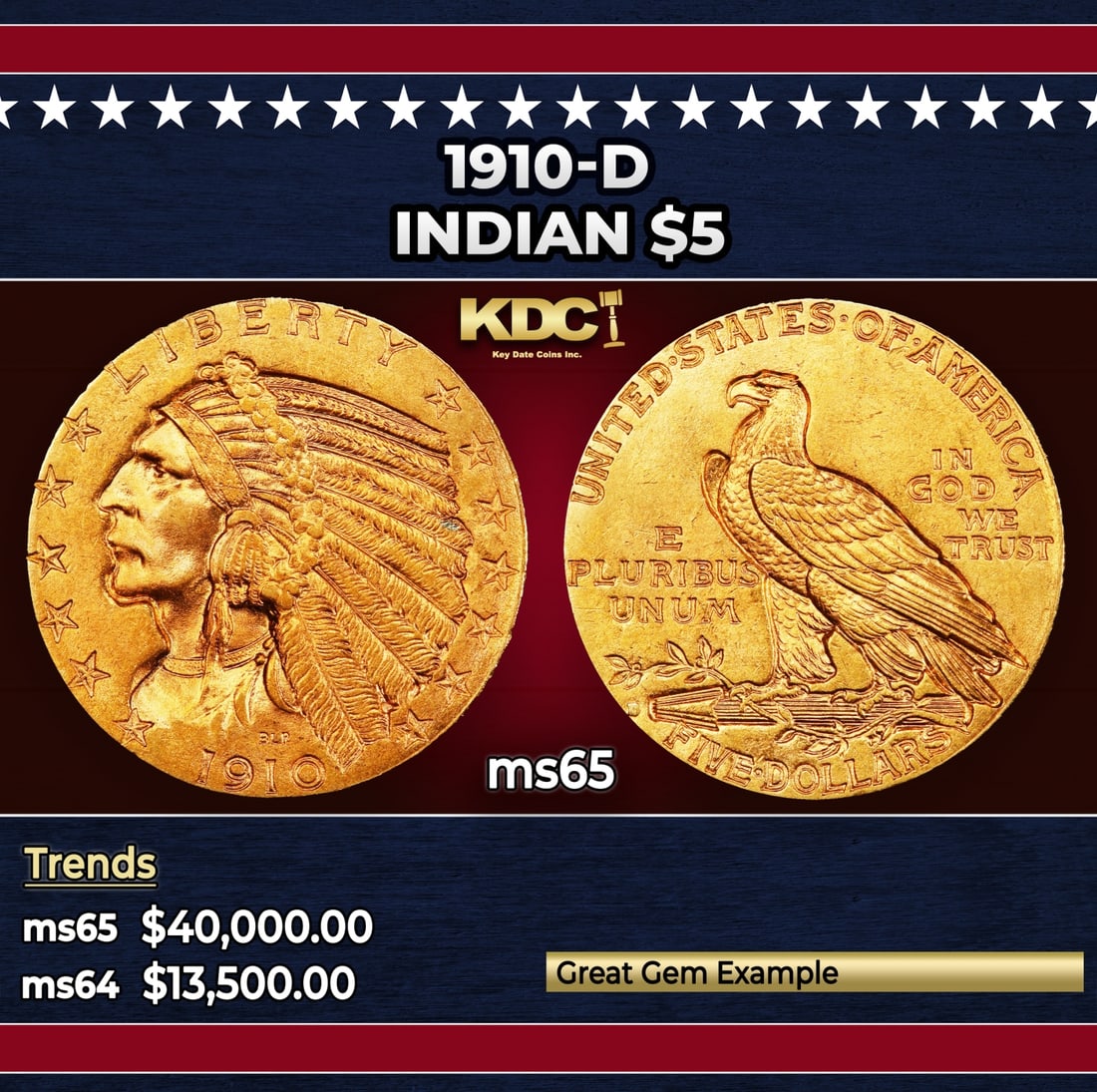 1910-d Gold Indian Half Eagle $5 ms65 USCG: 1910-d Gold Indian Half Eagle $5 ms65 USCG. The 1910-D is one of the more conditionally challenging issues in the Indian half eagle series. It is easily obtainable in MS63 and lower grades, but in MS6