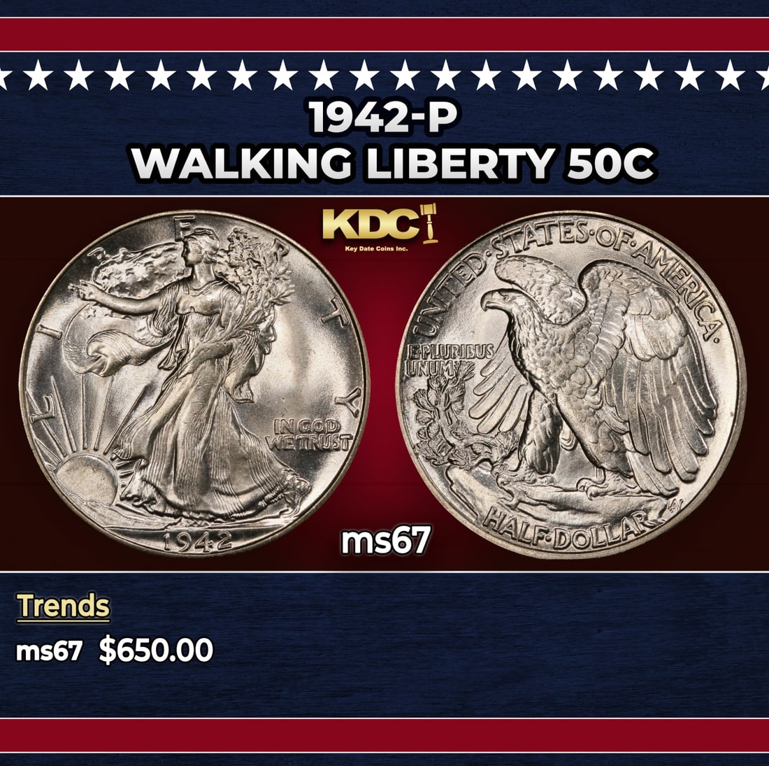 1942-p Walking Liberty Half Dollar 50c ms67 SEGS: 1942-p Walking Liberty Half Dollar 50c ms67 SEGS. Historic precious metal trends is causing increased spot pricing by the day. On auctions with set openings, we are doing our best to have items priced