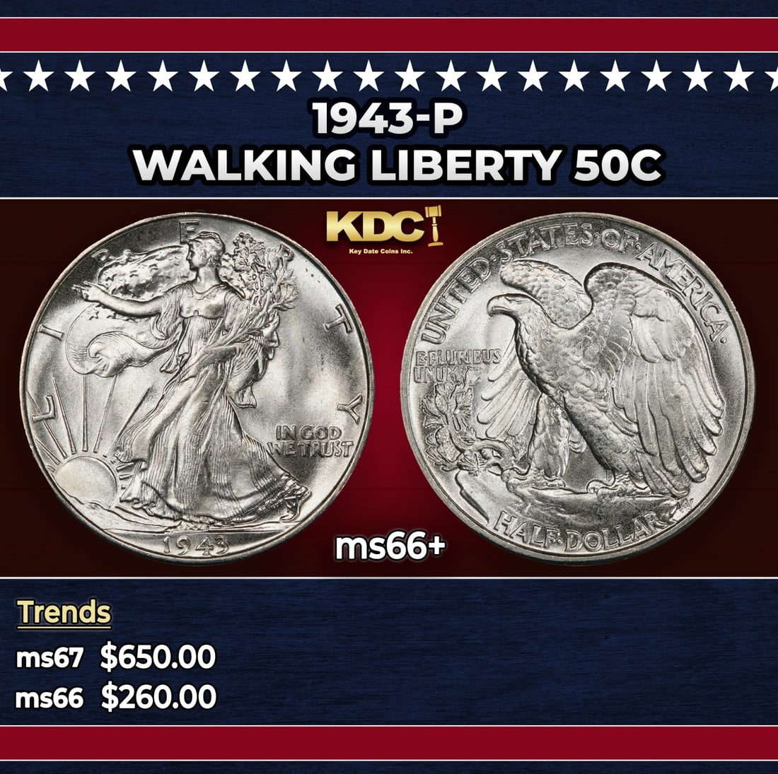 1943-p Walking Liberty Half Dollar 50c ms66+ SEGS: 1943-p Walking Liberty Half Dollar 50c ms66+ SEGS. Historic precious metal trends is causing increased spot pricing by the day. On auctions with set openings, we are doing our best to have items price