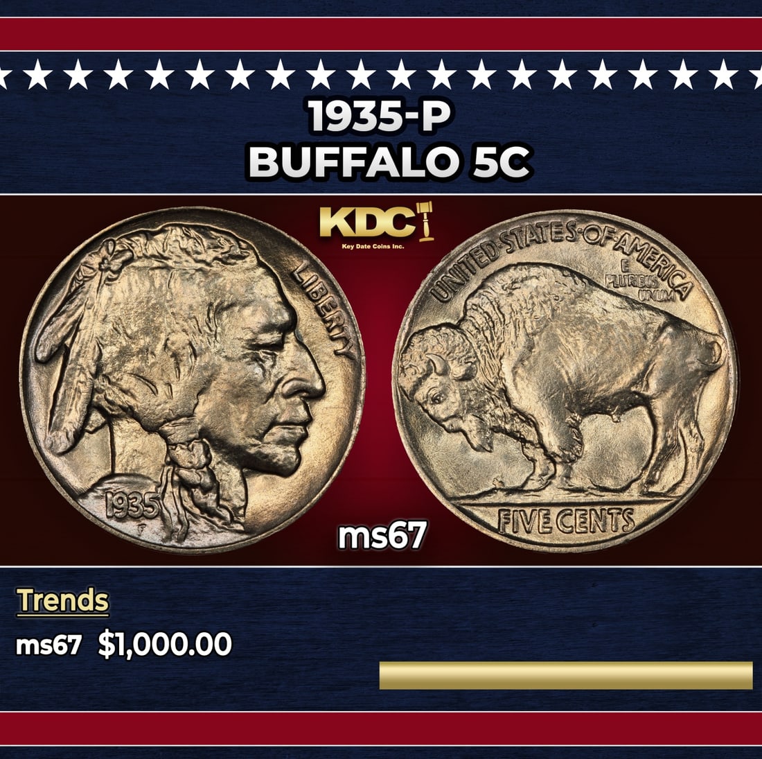 1935-p Buffalo Nickel 5c ms67 SEGS: 1935-p Buffalo Nickel 5c ms67 SEGS. Historic precious metal trends is causing increased spot pricing by the day. On auctions with set openings, we are doing our best to have items priced at their mark