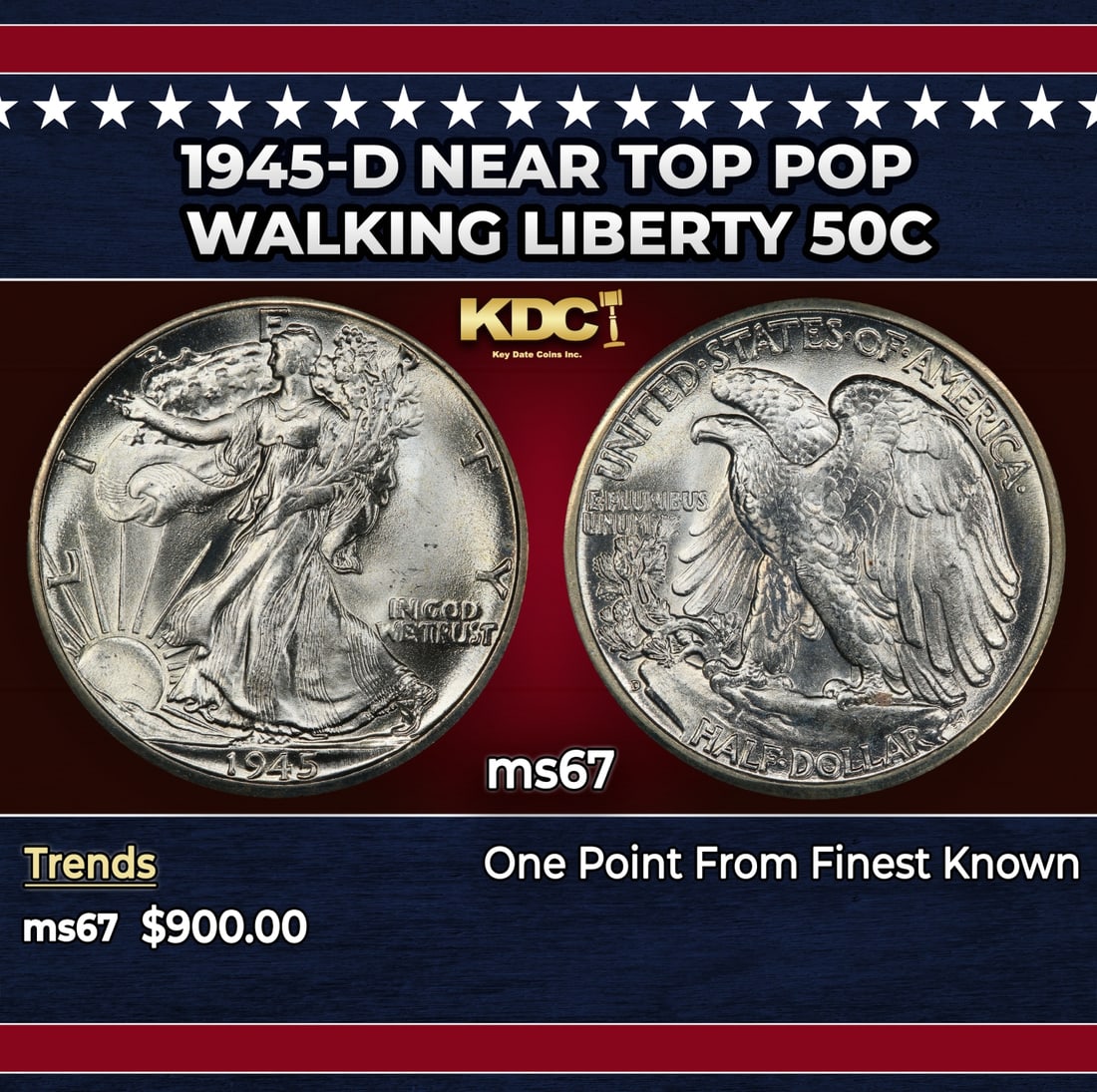 1945-d Walking Liberty Half Dollar Near Top Pop 50c ms67 SEGS: 1945-d Near Top Pop Walking Liberty Half Dollar 50c ms67 SEGS. Historic precious metal trends is causing increased spot pricing by the day. On auctions with set openings, we are doing our best to have