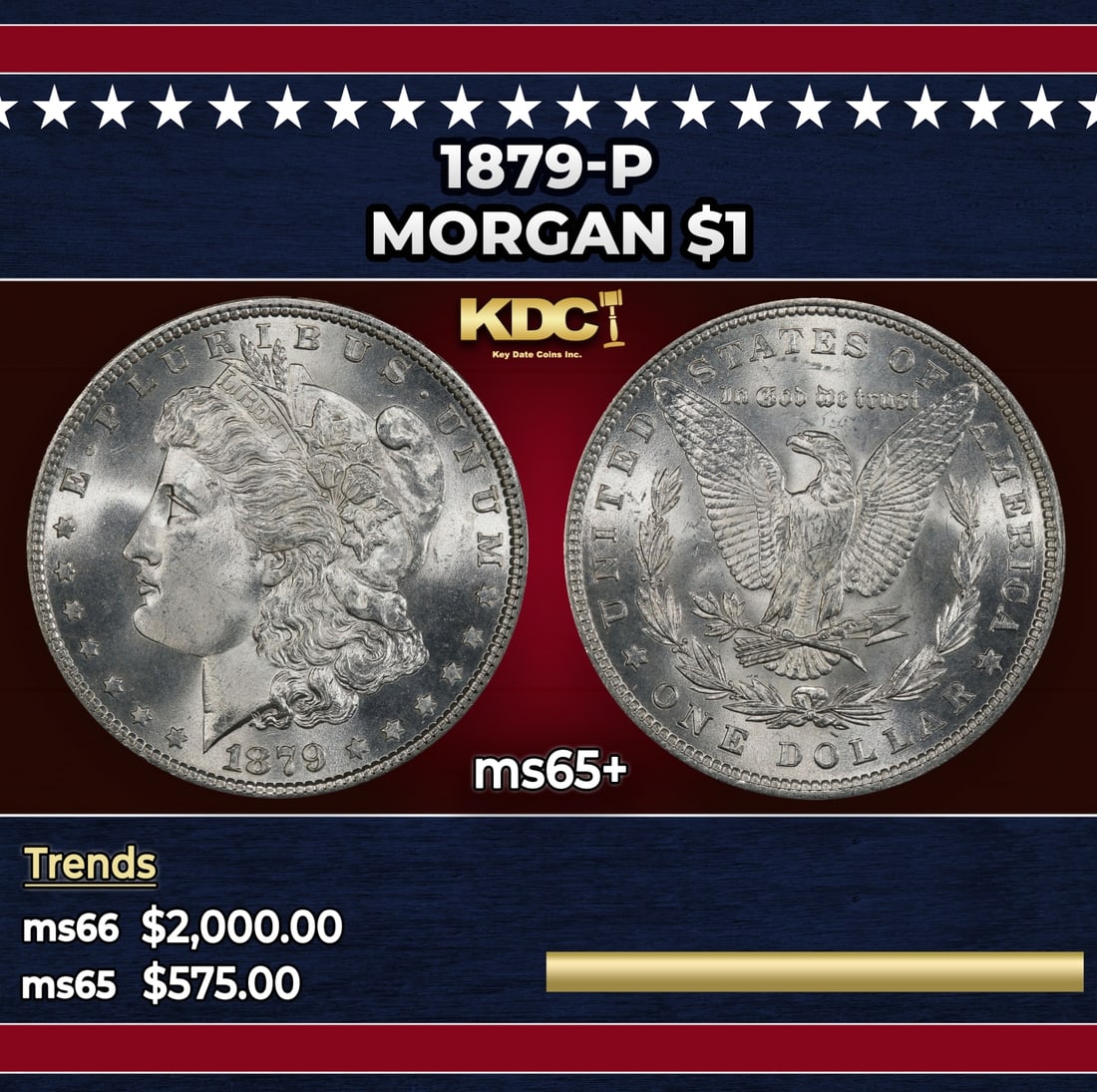 1879-p Morgan Dollar $1 ms65+ SEGS: 1879-p Morgan Dollar $1 ms65+ SEGS. Historic precious metal trends is causing increased spot pricing by the day. On auctions with set openings, we are doing our best to have items priced at their mark