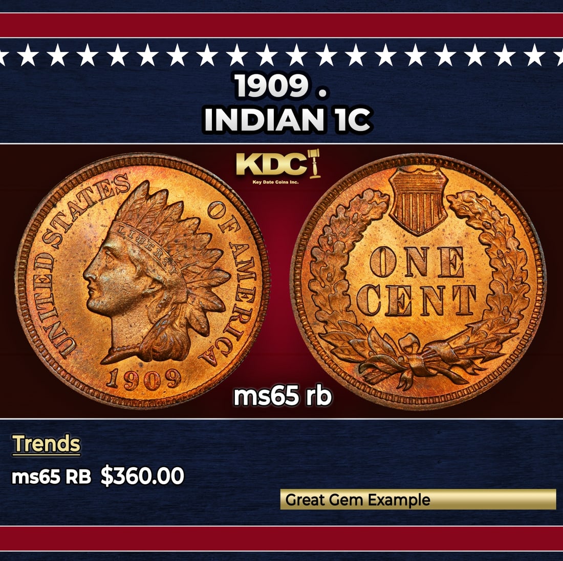 1909 Indian Cent . 1c Grades ms65 rb: 1909 . Indian Cent 1c Grades ms65 rb. Historic precious metal trends is causing increased spot pricing by the day. On auctions with set openings, we are doing our best to have items priced at their ma