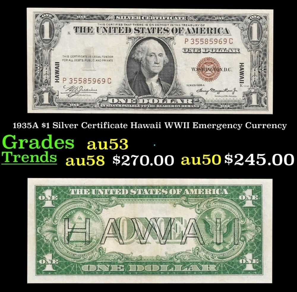 1935A $1 Silver Certificate Hawaii WWII Emergency Currency Grades Select AU: 1935A $1 Silver Certificate Hawaii WWII Emergency Currency Grades Select AU. FR-2300 Signatures of Julian & Morgenthau WWII Emergency Currency. It was the darkest days of World War II, just after Pear