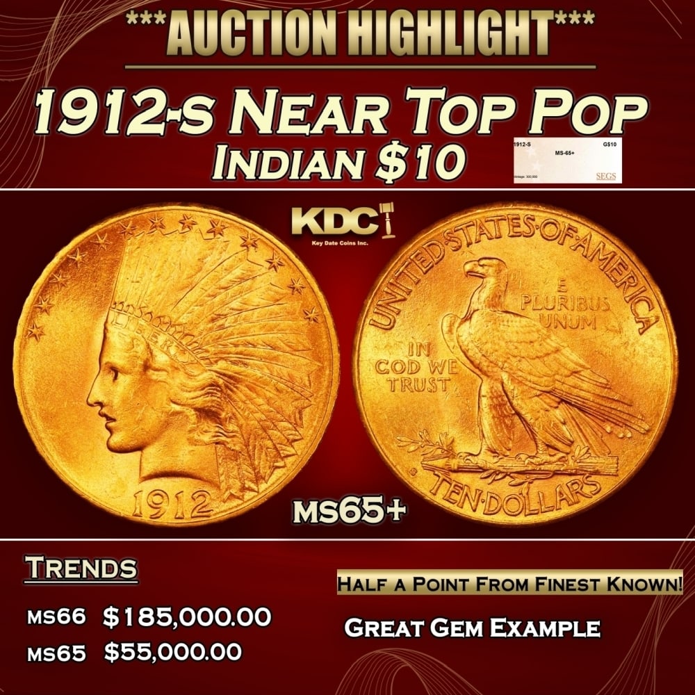 1912-s Gold Indian Eagle Near Top Pop $10 ms65+ SEGS: 1912-s Near Top Pop Gold Indian Eagle $10 ms65+ SEGS. 0