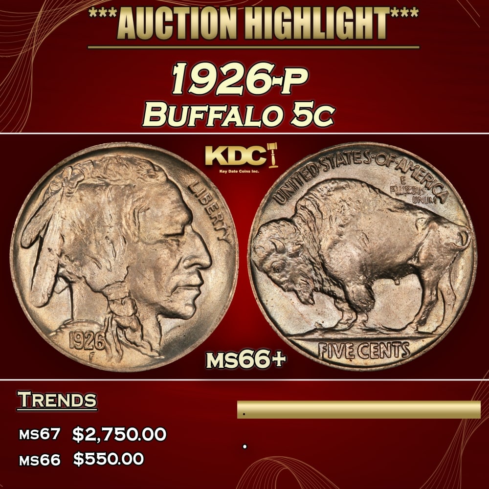 1926-p Buffalo Nickel 5c ms66+ SEGS: 1926-p Buffalo Nickel 5c ms66+ SEGS. 0