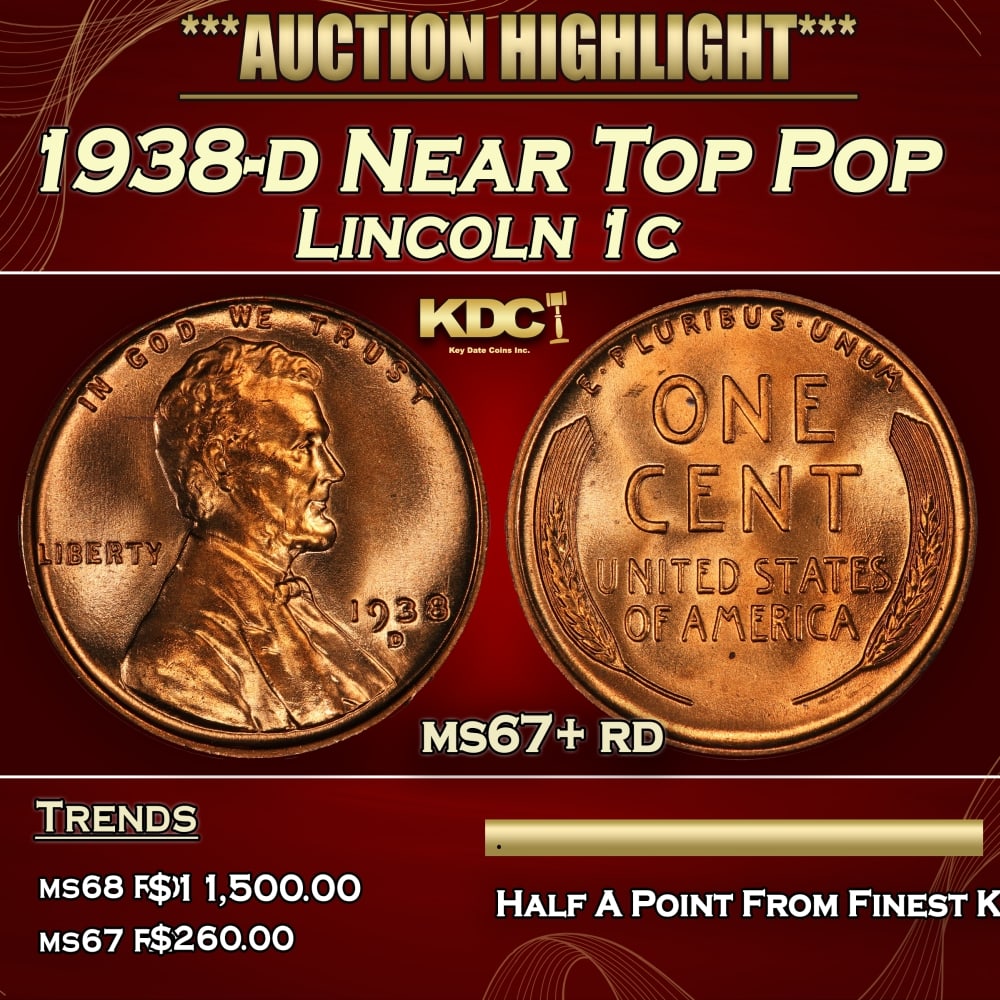 1938-d Lincoln Cent Near Top Pop 1c ms67+ rd SEGS: 1938-d Near Top Pop Lincoln Cent 1c ms67+ rd SEGS. 0