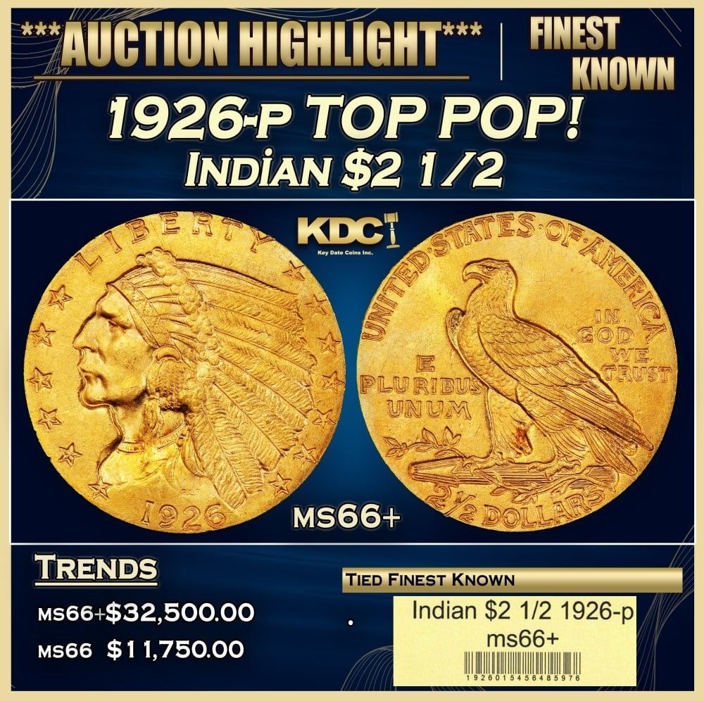 1926-p Gold Indian Quarter Eagle TOP POP! $2 1/2 ms66+ USCG (1 of 4)