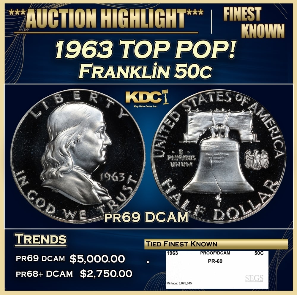 1963 Proof Franklin Half Dollar TOP POP! 50c pr69 DCAM SEGS: 1963 TOP POP! Franklin Half Dollar 50c pr69 DCAM SEGS. Historic precious metal trends is causing increased spot pricing by the day. On auctions with set openings, we are doing our best to have items p