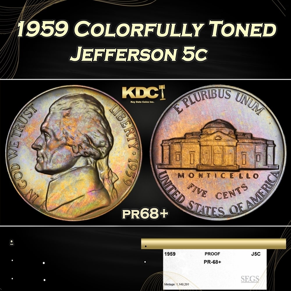 1959 Proof Jefferson Nickel Colorfully Toned 5c pr68+ SEGS (1 of 4)