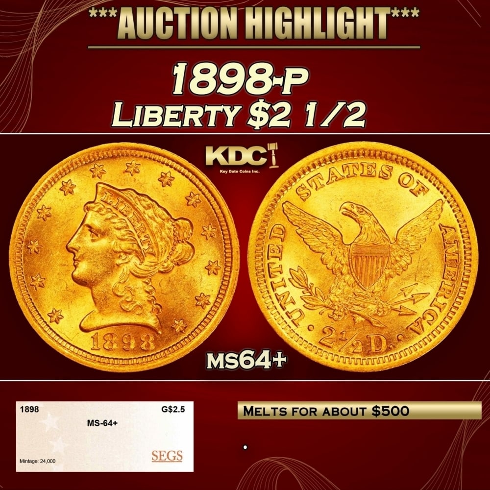 1898-p Gold Liberty Quarter Eagle $2 1/2 ms64+ SEGS: 1898-p Gold Liberty Quarter Eagle $2 1/2 ms64+ SEGS. 0