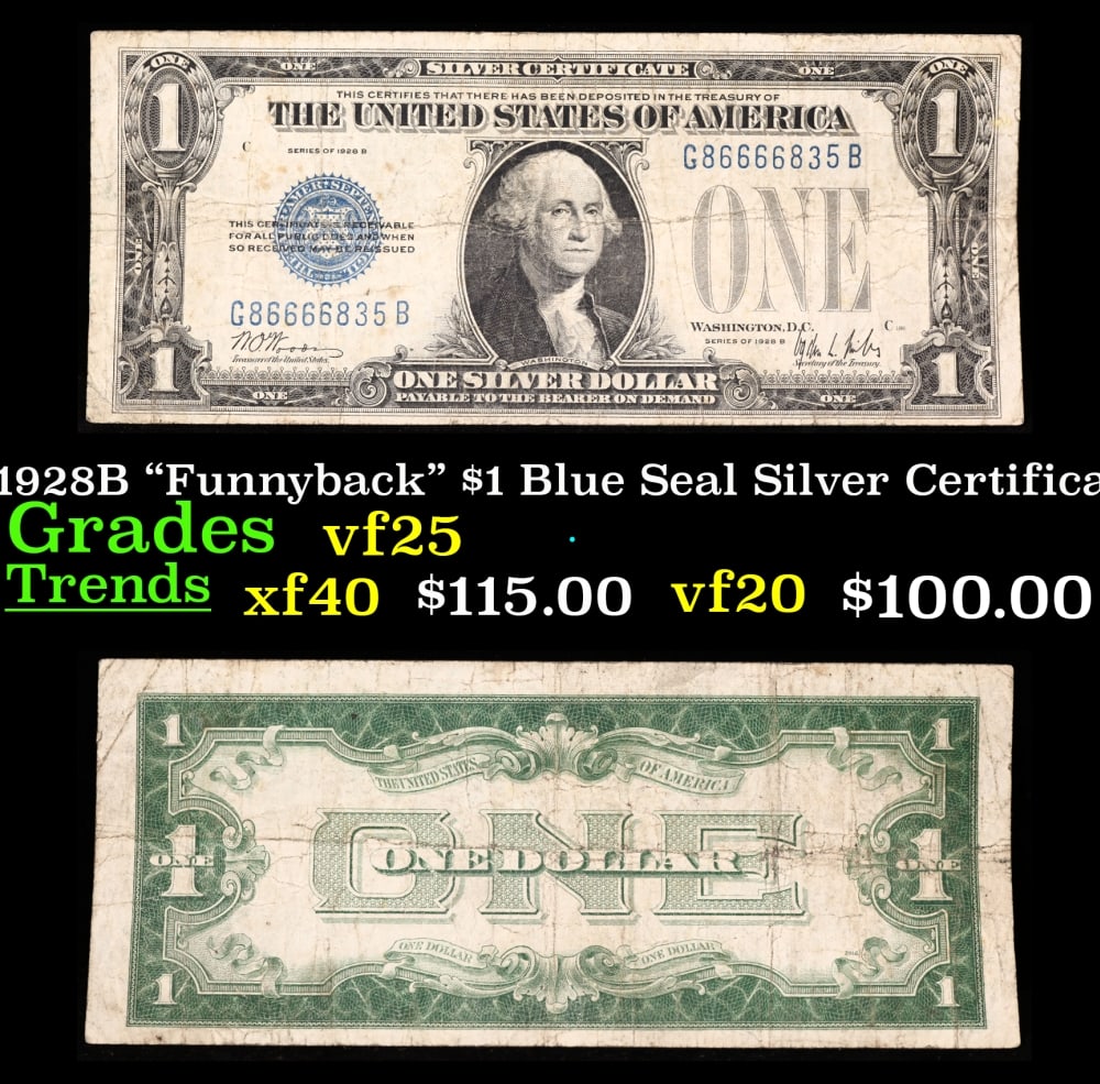1928B $1 Blue Seal Silver Certificate "Funnyback" Grades vf+: 1928B $1 Blue Seal Silver Certificate "Funnyback" Grades vf+. FR-1602 Signatures Woods-Mills These were the first notes to be called funnybacks. The reason they are called funnybacks is because of the