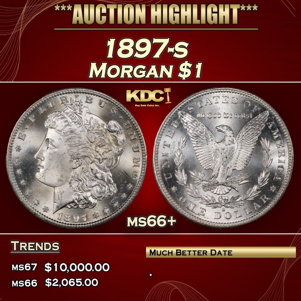 1897-s Morgan Dollar $1 ms66+ SEGS: 1897-s Morgan Dollar $1 ms66+ SEGS. 0