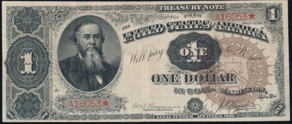 1890 Rosecrans/Huston $1 Treasury Note Grades Select AU: 1890 Rosecrans/Huston $1 Treasury Note Grades Select AU.