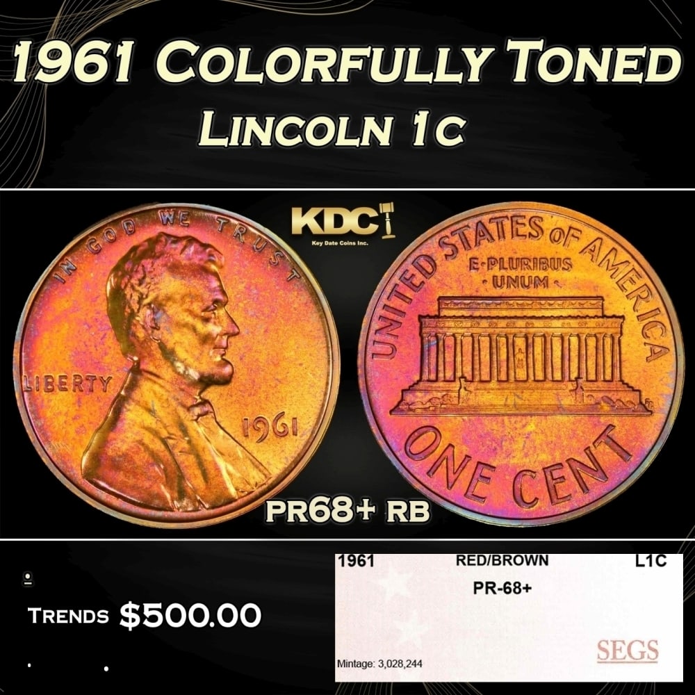 1961 Proof Lincoln Cent Colorfully Toned 1c pr68+ rb SEGS (1 of 4)