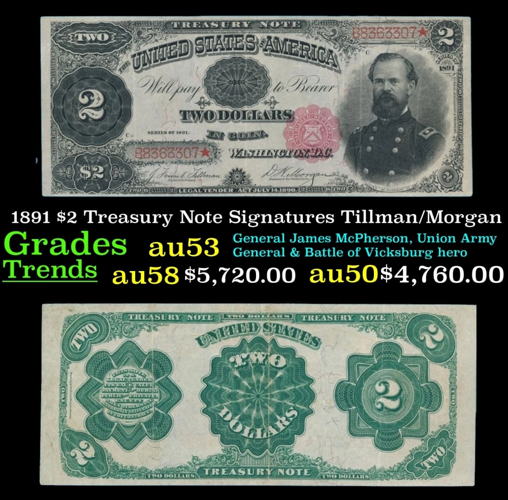 1891 Tillman/Morgan $2 Treasury Note Grades Select AU: 1891 Tillman/Morgan $2 Treasury Note Grades Select AU.
