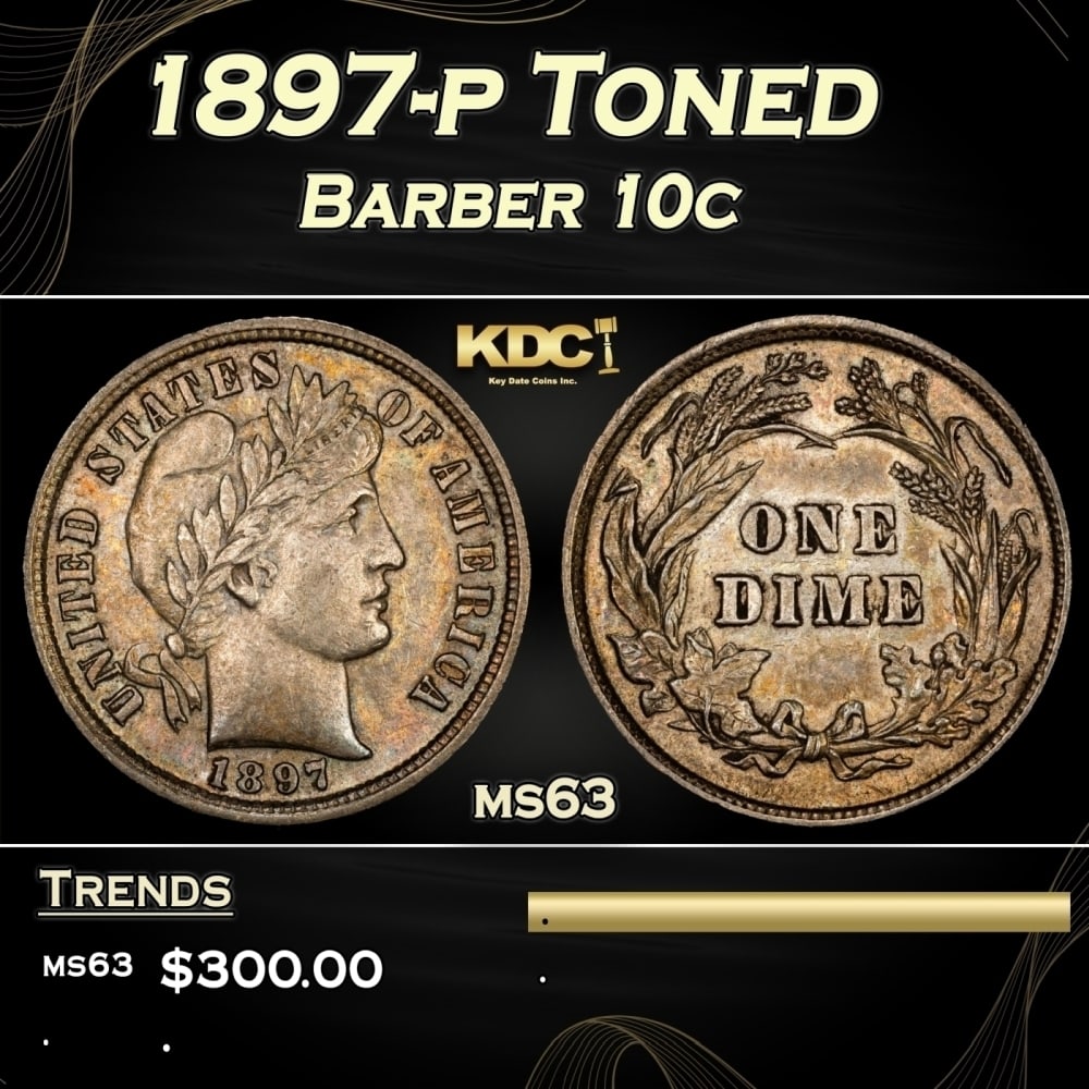 1897-p Barber Dime Toned 10c Grades ms63: 1897-p Toned Barber Dime 10c Grades ms63. 0