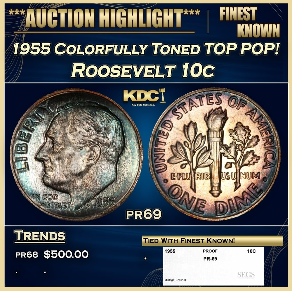 1955 Proof Roosevelt Dime Colorfully Toned TOP POP! 10c pr69 SEGS: 1955 Colorfully Toned TOP POP! Roosevelt Dime 10c pr69 SEGS. 0