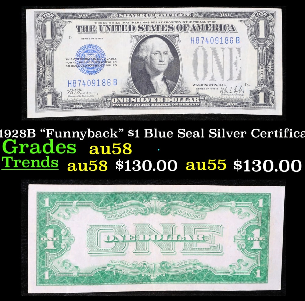 1928B $1 Blue Seal Silver Certificate "Funnyback" Grades Choice AU/BU Slider: 1928B $1 Blue Seal Silver Certificate "Funnyback" Grades Choice AU/BU Slider. FR-1602 Signatures Woods-Mills These were the first notes to be called funnybacks. The reason they are called funnybacks i