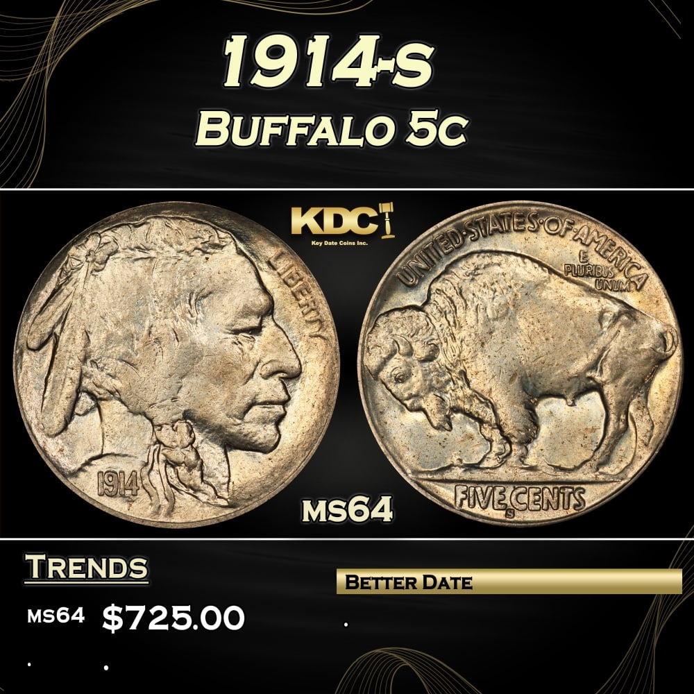1914-s Buffalo Nickel 5c Grades ms64 (1 of 3)