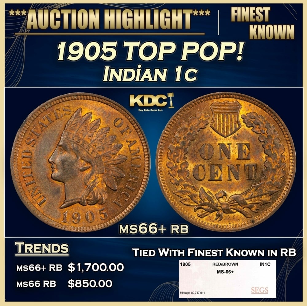 1905 Indian Cent TOP POP! 1c ms66+ rb SEGS: 1905 TOP POP! Indian Cent 1c ms66+ rb SEGS. 0