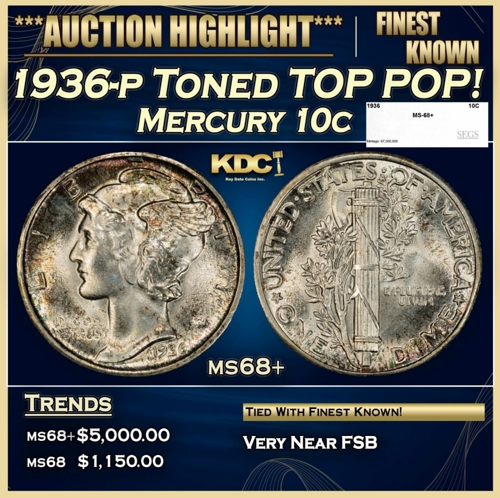 1936-p Mercury Dime Toned TOP POP! 10c ms68+ SEGS: 1936-p Toned TOP POP! Mercury Dime 10c ms68+ SEGS. 0