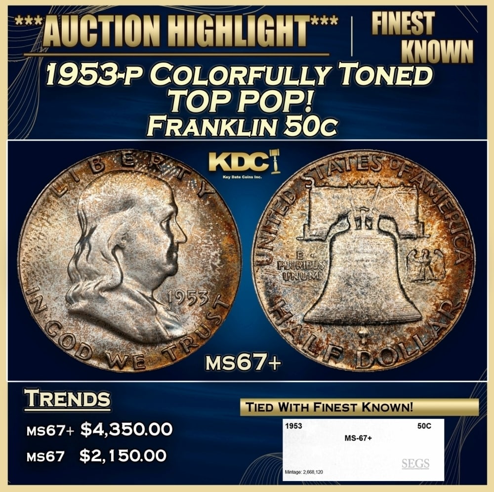 1953-p Franklin Half Dollar Colorfully Toned TOP POP! 50c ms67+ SEGS: 1953-p Colorfully Toned TOP POP! Franklin Half Dollar 50c ms67+ SEGS. 0